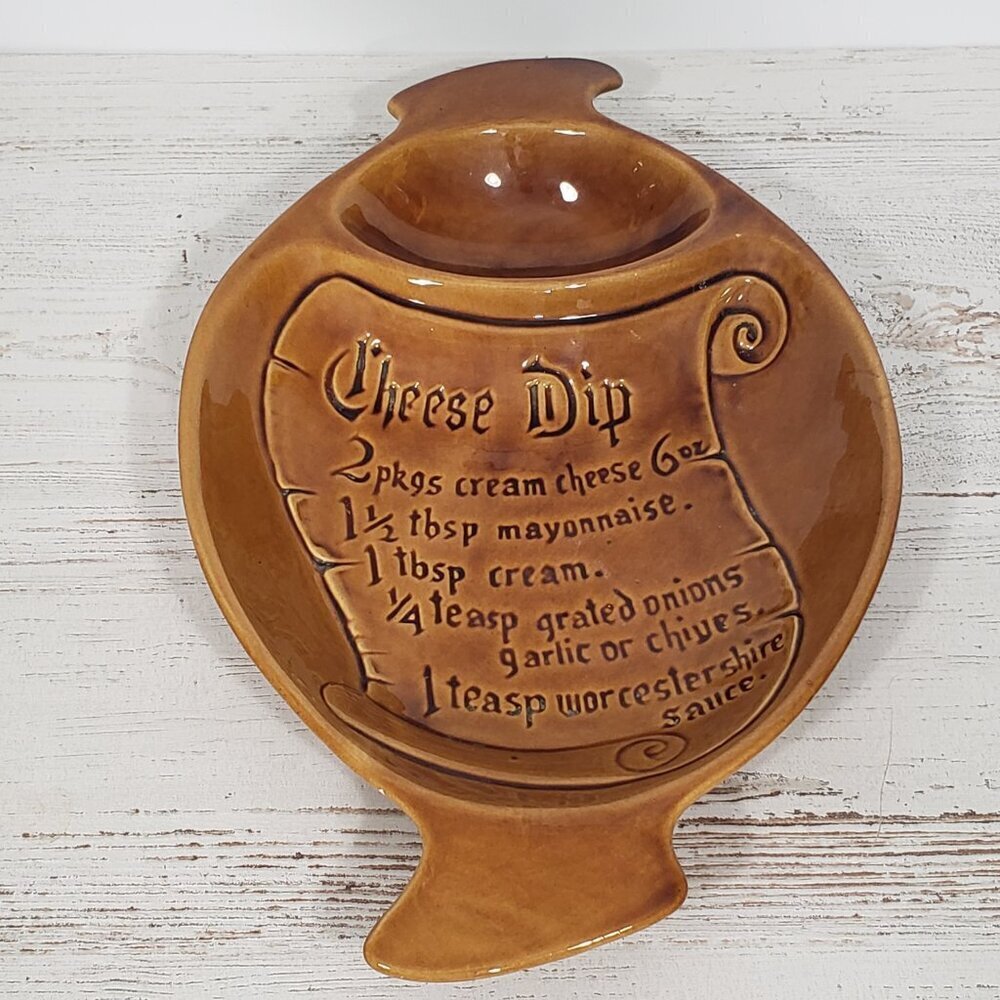 Vintage Calif. USA S-5  MCM Pottery  Golden Brown Cheese Dip Recipe Dish